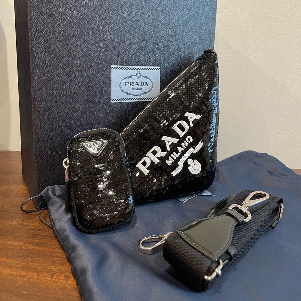 đź–¤Like Newđź–¤ Prada Triangle Crossbody in Black Sequins - Full Set - Picture 3 of 5